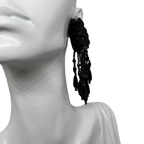 Dramatic Black Flower Sequin Beaded Fringe Statement Earring - Gothic Glamour - Picture 4 of 8